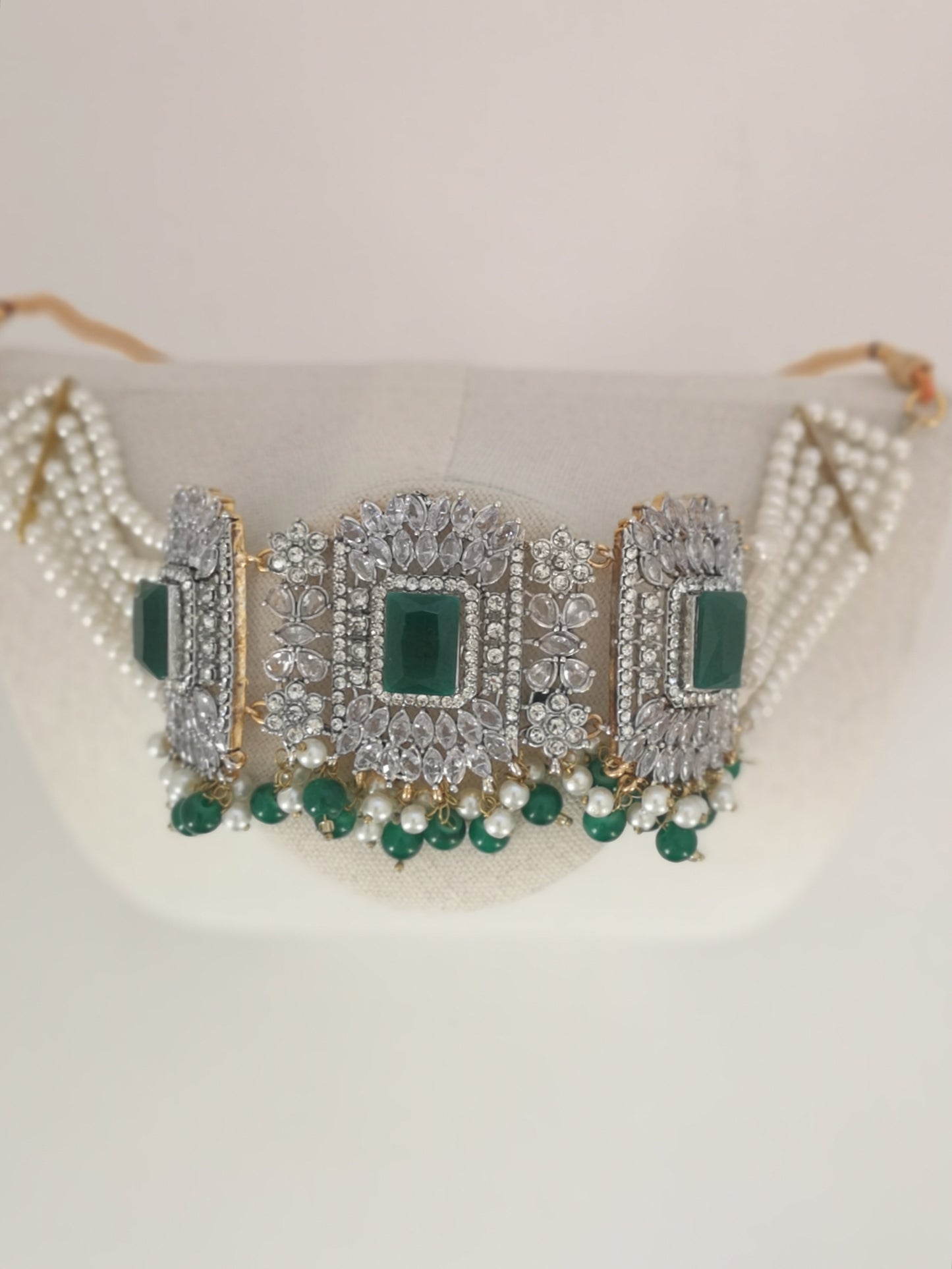 Choker Set in Pearls and Rhinestones - Dark Green