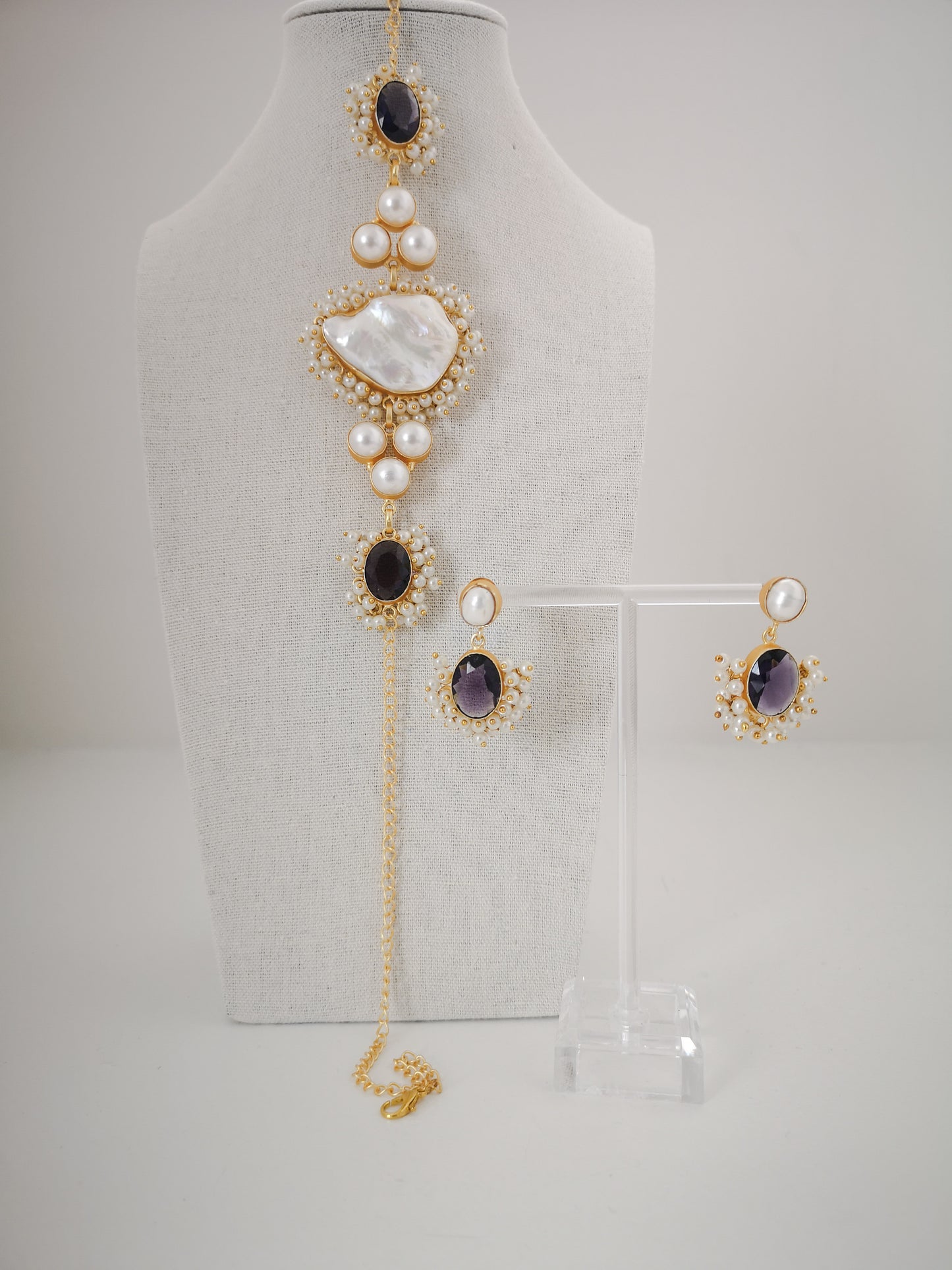 Classic Mimi - Freshwater Pearls and Amethyst Crystals, Gold Plated, Necklace and Earrings set.