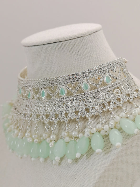 Choker Set - Mint and Silver (Necklace, Earrings, Teeka and Jhoomer)
