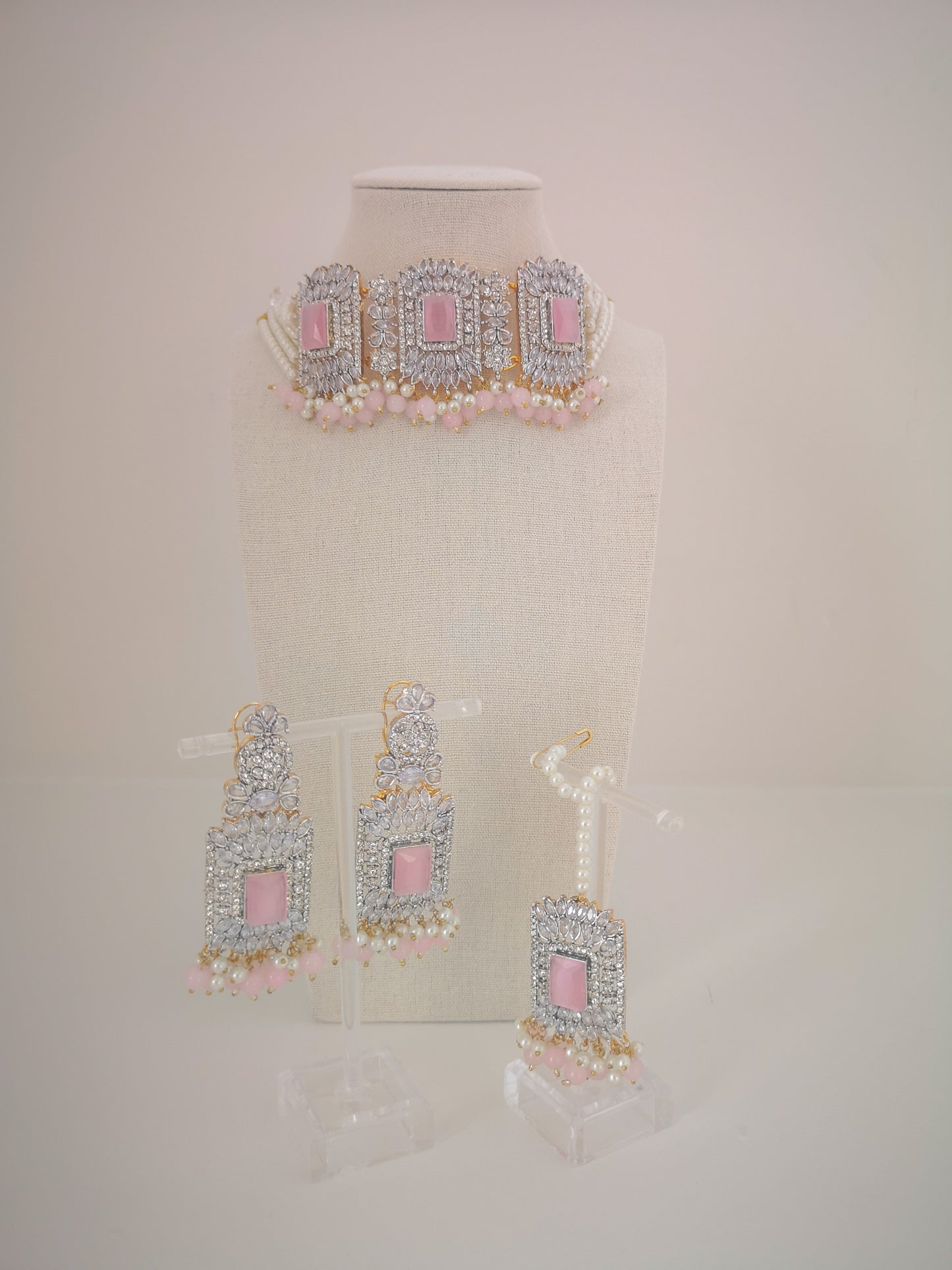 Choker Set - Pearls and Rhinestone - Pink. Set includes: earrings, necklace and maang teeka