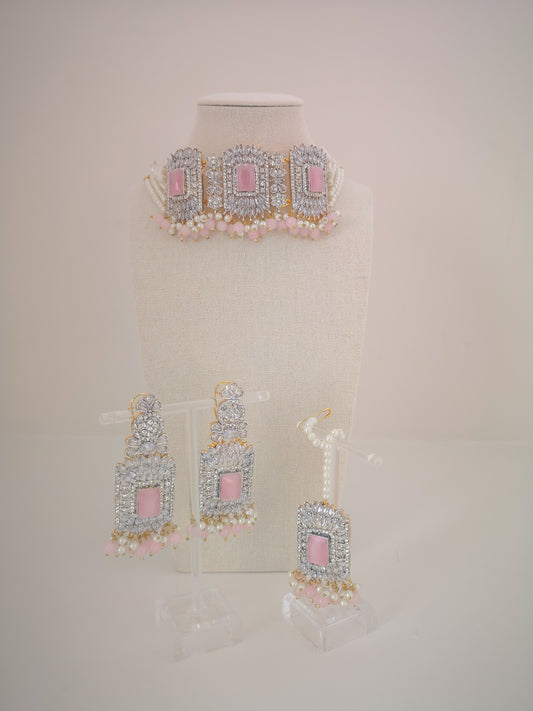Choker Set - Pearls and Rhinestone - Pink. Set includes: earrings, necklace and maang teeka