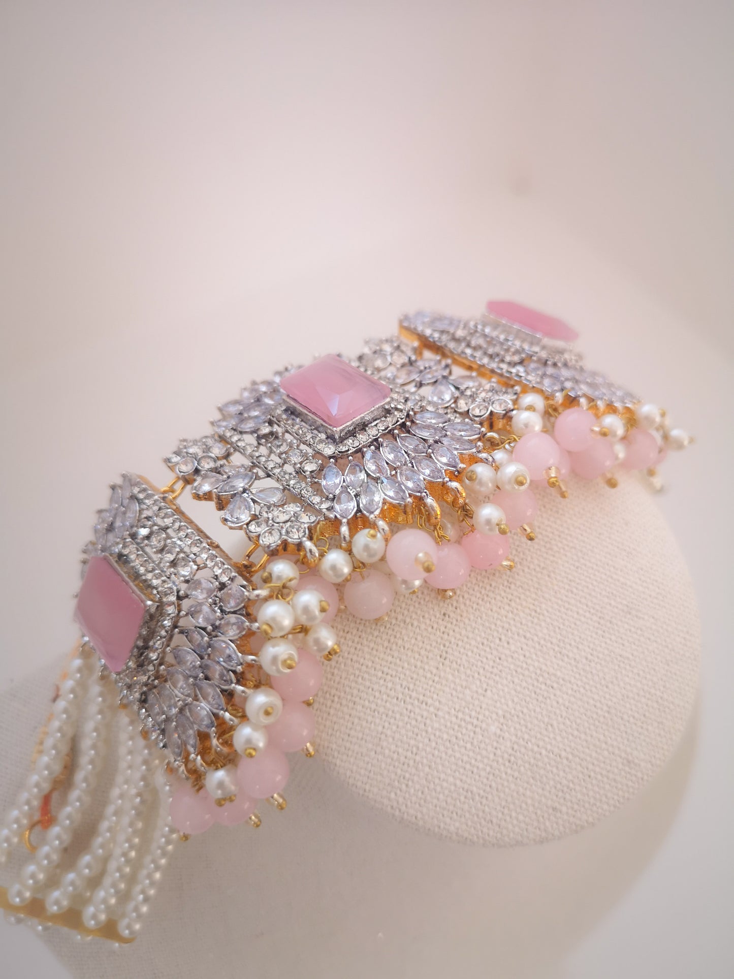 Choker Set - Pearls and Rhinestone - Pink. Set includes: earrings, necklace and maang teeka