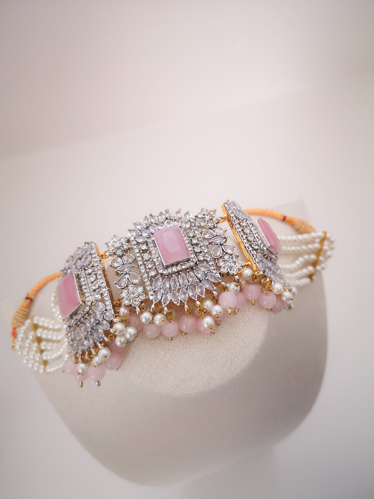 Choker Set - Pearls and Rhinestone - Pink. Set includes: earrings, necklace and maang teeka