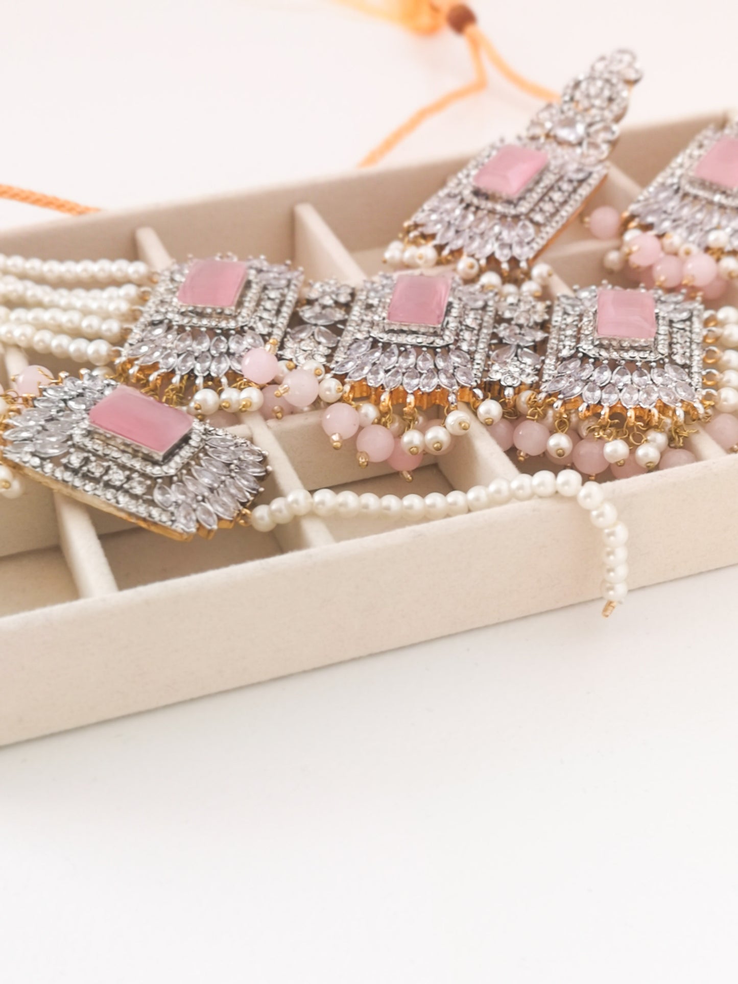 Choker Set - Pearls and Rhinestone - Pink. Set includes: earrings, necklace and maang teeka