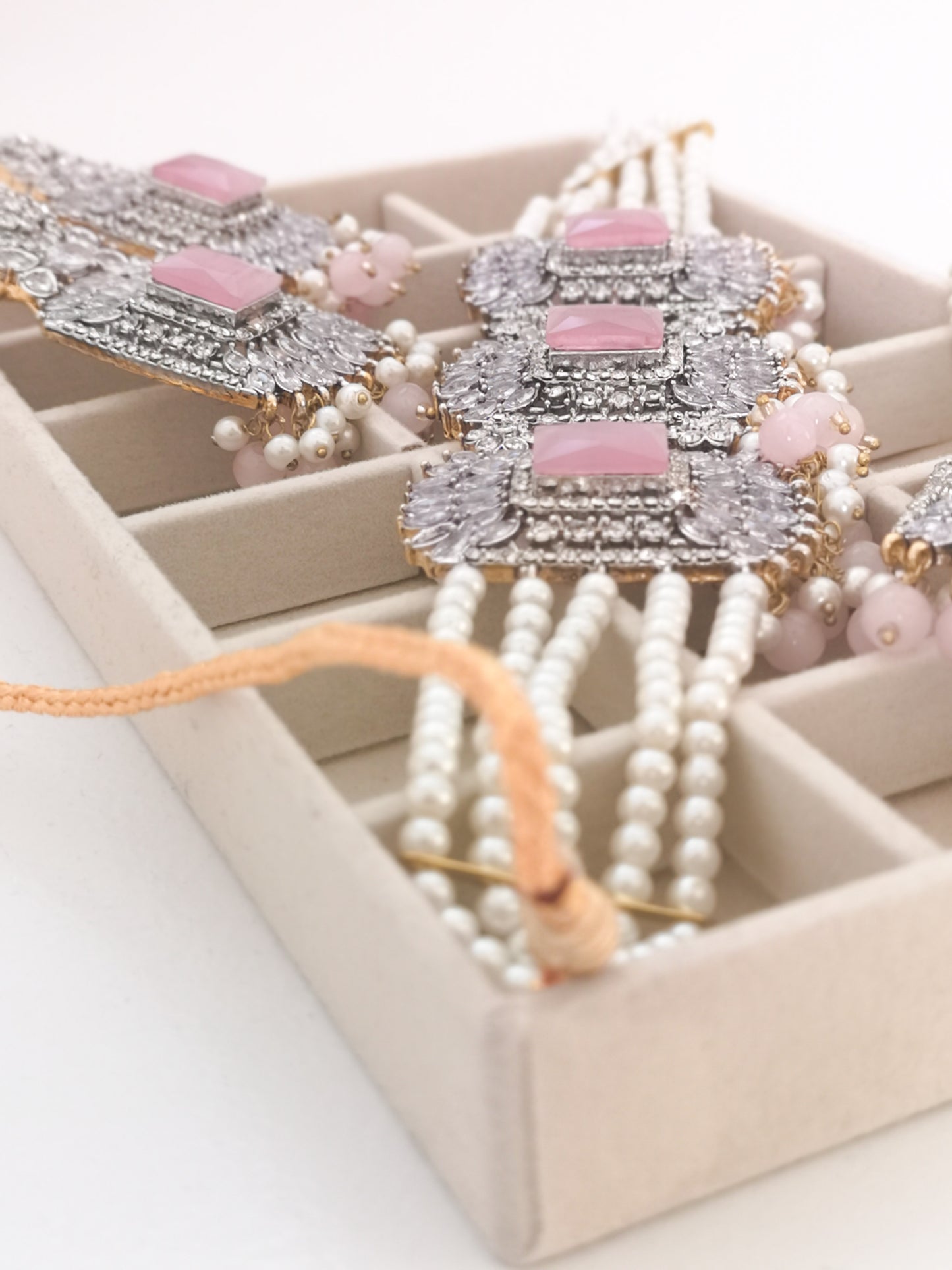 Choker Set - Pearls and Rhinestone - Pink. Set includes: earrings, necklace and maang teeka
