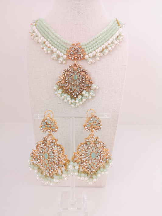 Pearl and Rhinestone Set -Mint Green