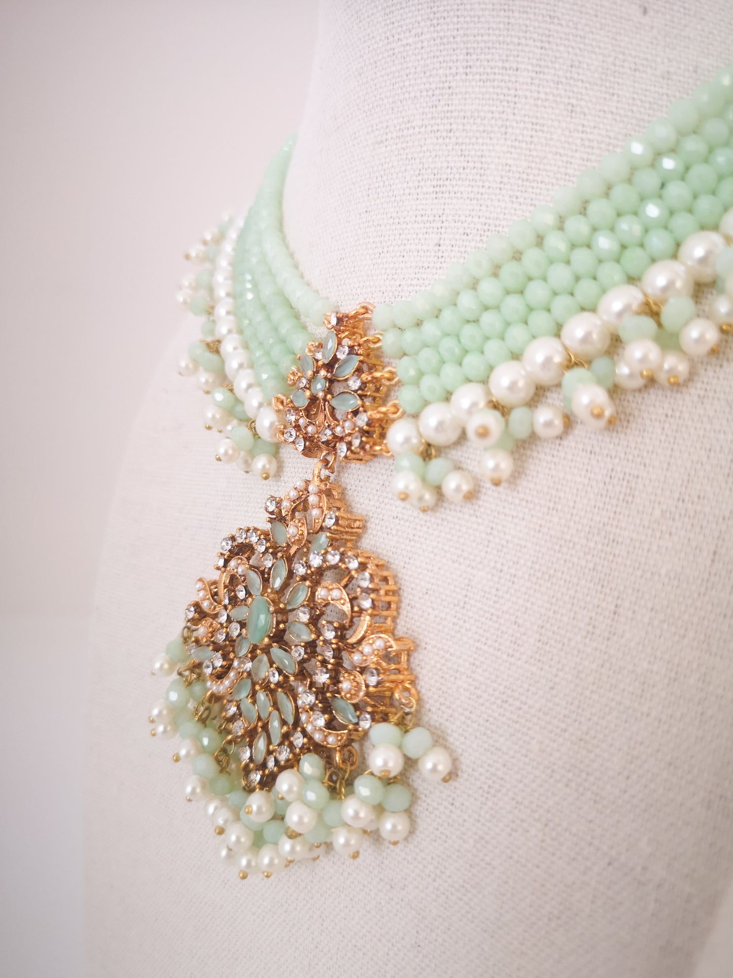 Pearl and Rhinestone Set -Mint Green
