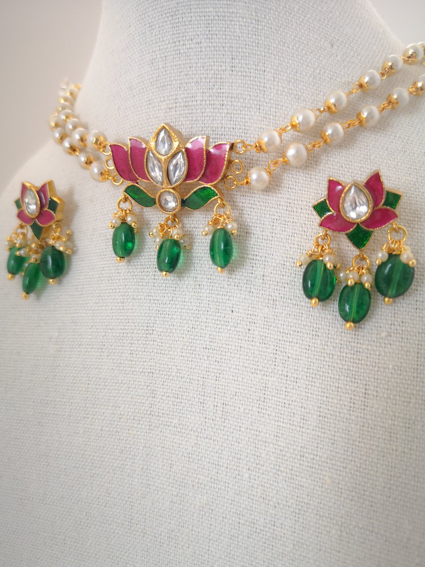 Lotus Choker Set (Necklace and Earrings) - Magenta and Green