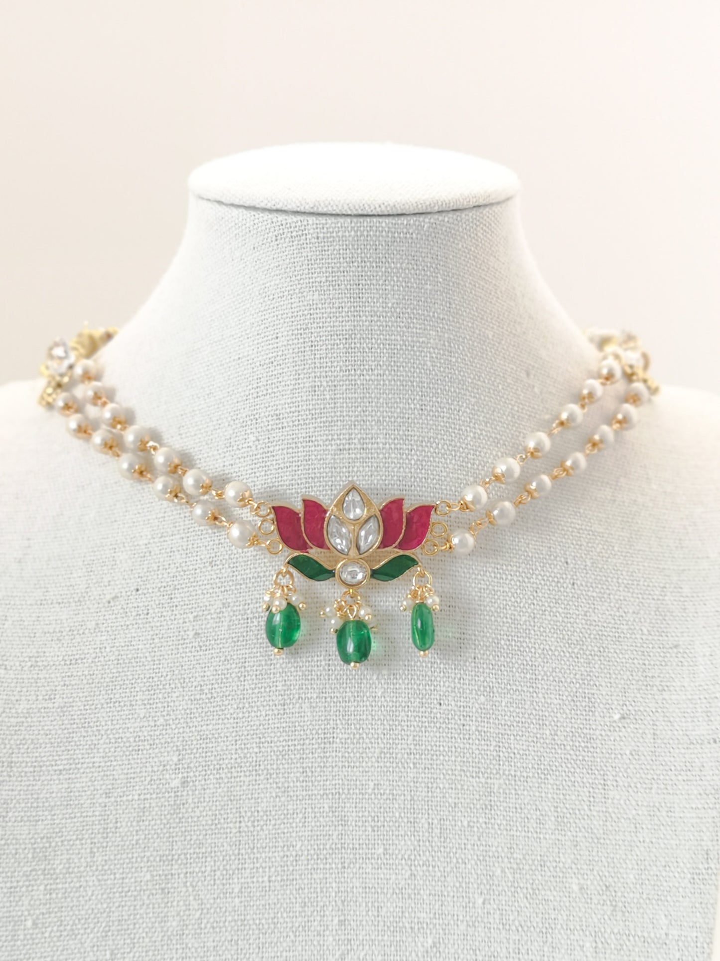 Lotus Choker Set (Necklace and Earrings) - Magenta and Green