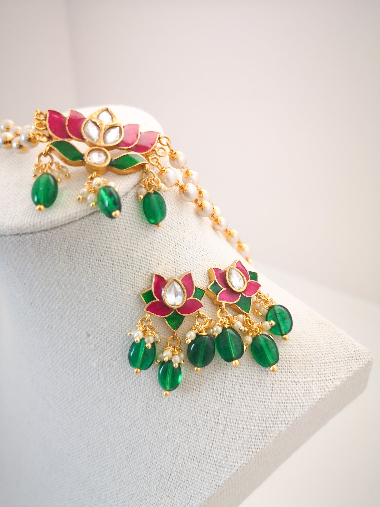 Lotus Choker Set (Necklace and Earrings) - Magenta and Green