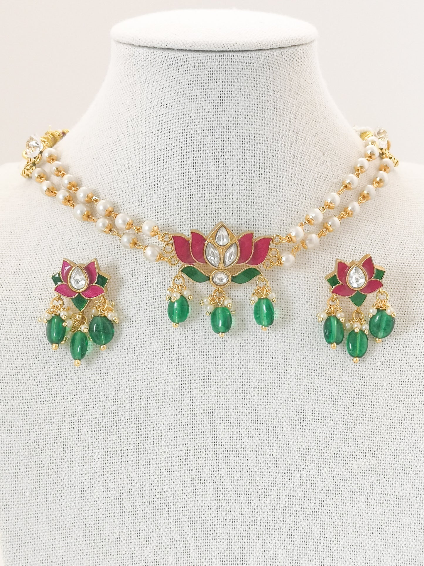 Lotus Choker Set (Necklace and Earrings) - Magenta and Green