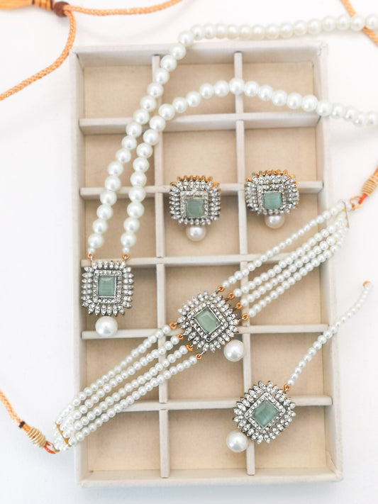 Pearl Choker Set - Mint (Choker, Earrings, Pendant Necklace and Teeka)