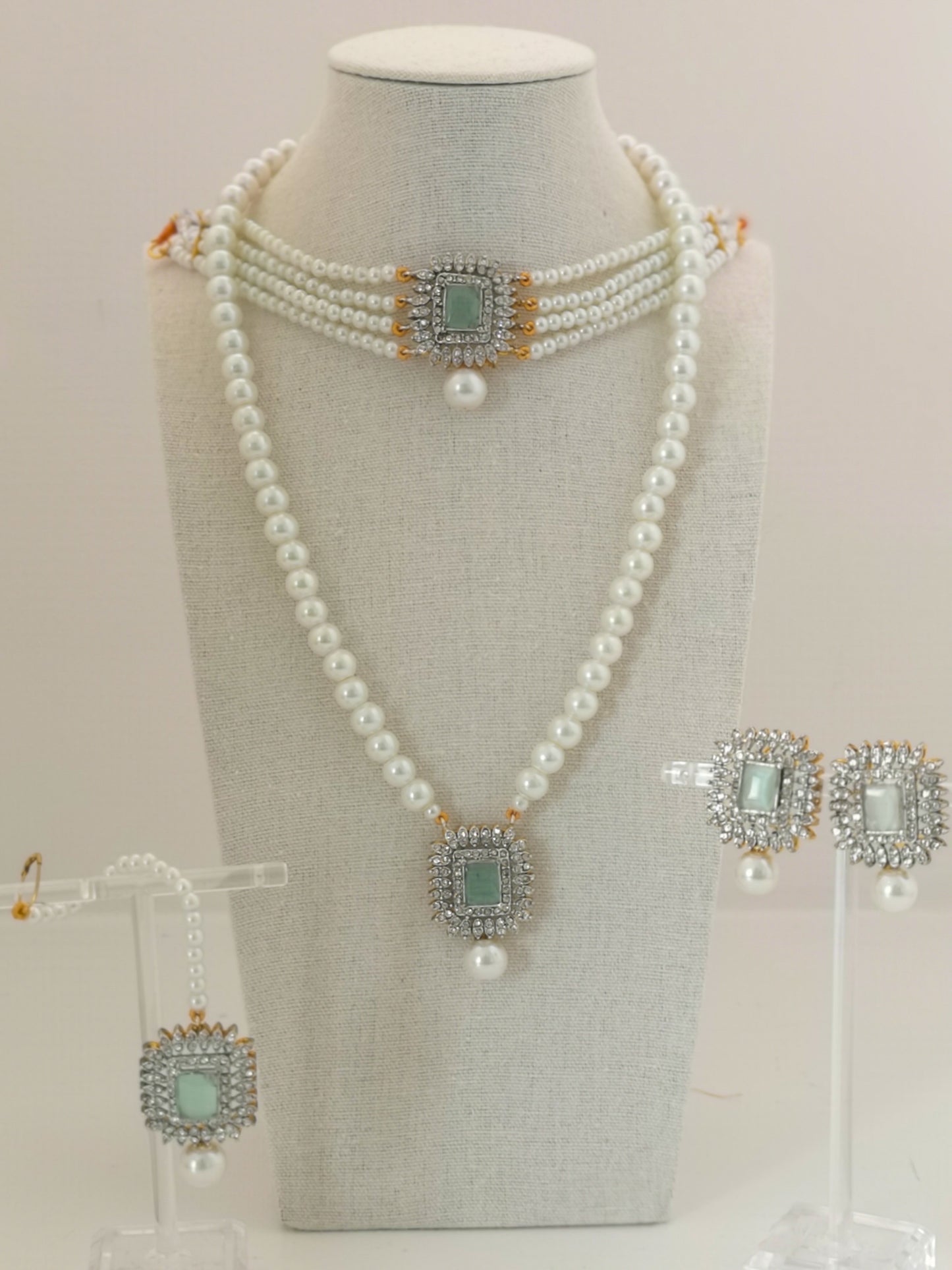 Pearl Choker Set - Mint (Choker, Earrings, Pendant Necklace and Teeka)