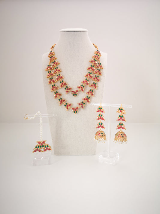 Double Layered Floral Set (Earrings, Necklace and Teeka)