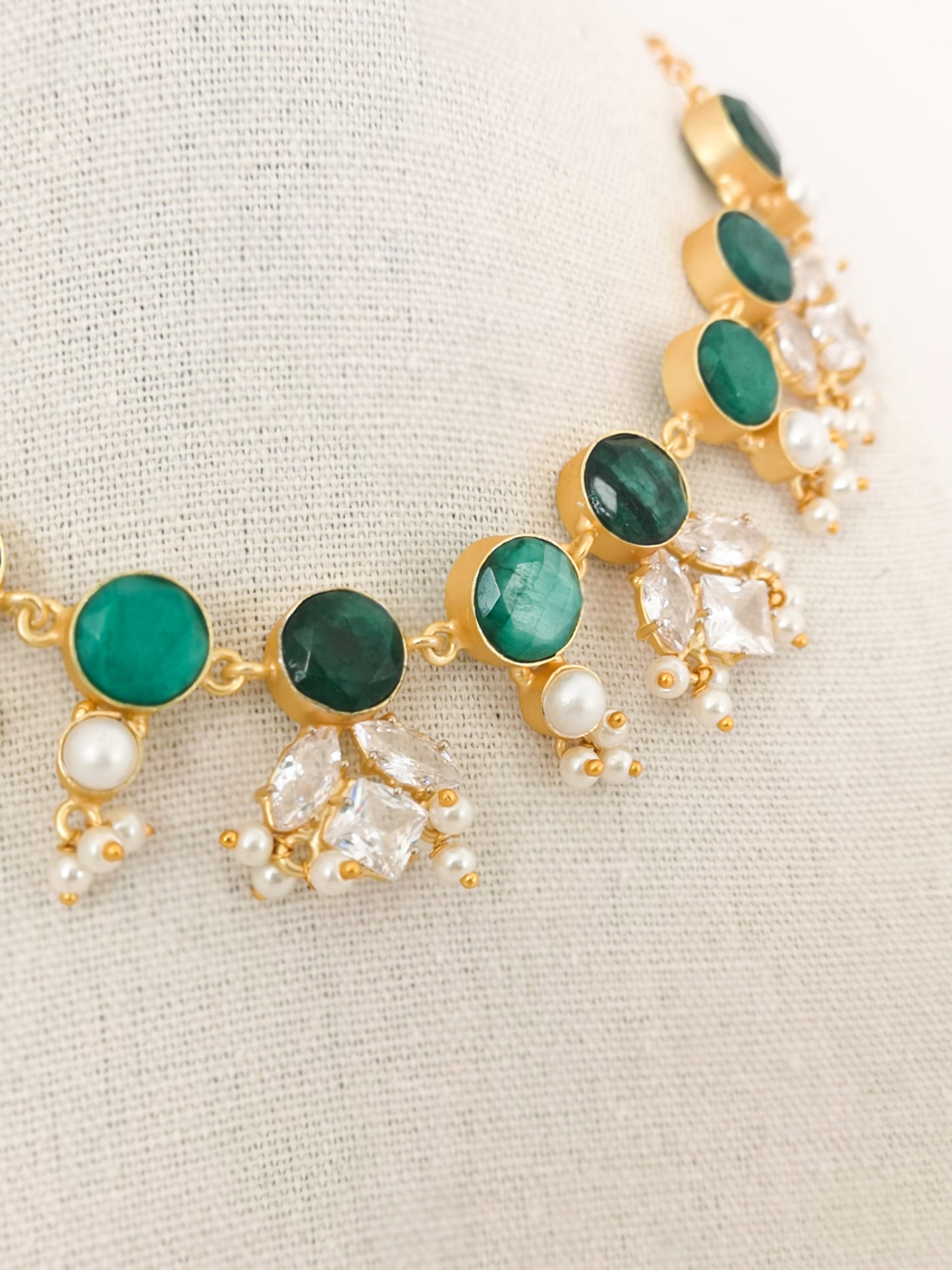 Classic Mimi Freshwater Pearl Collection - Zircon, Pearls, Natural Stones, Gold Plated - Dark Green