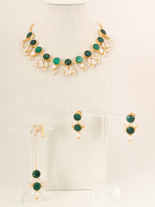 Classic Mimi Freshwater Pearl Collection - Zircon, Pearls, Natural Stones, Gold Plated - Dark Green