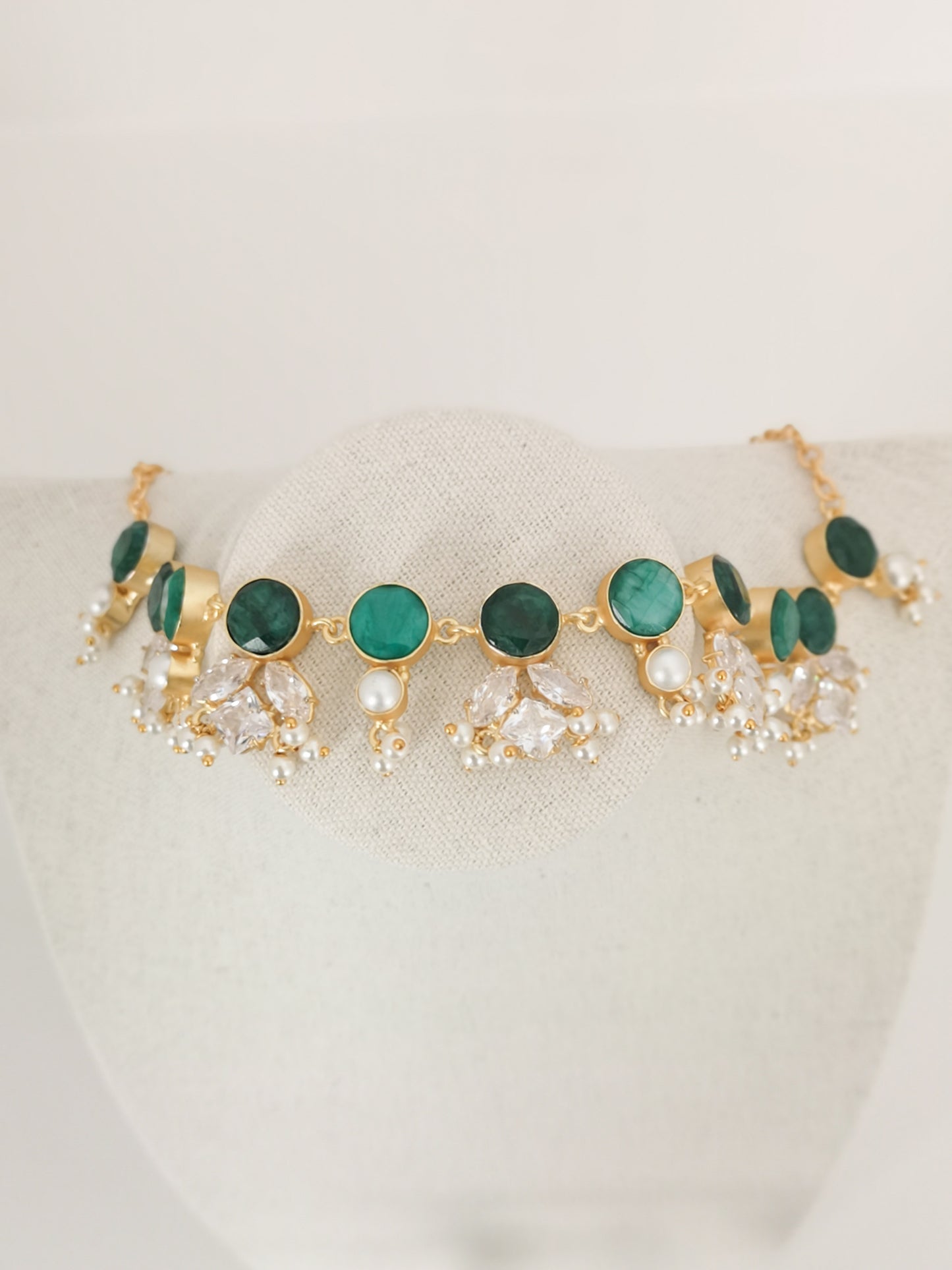 Classic Mimi Freshwater Pearl Collection - Zircon, Pearls, Natural Stones, Gold Plated - Dark Green