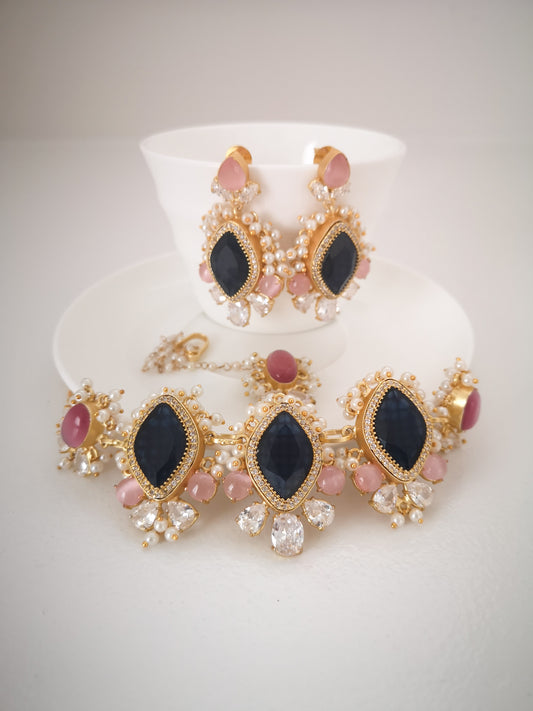 Classic Mimi Freshwater Pearl Collection - Mona Lisa Crystals, Zircon, Gold Plated - Pink & Navy