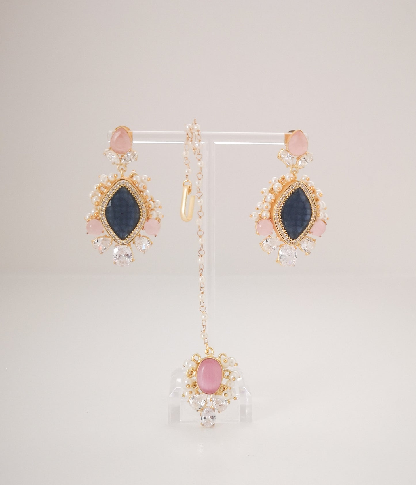 Classic Mimi Freshwater Pearl Collection - Mona Lisa Crystals, Zircon, Gold Plated - Pink & Navy