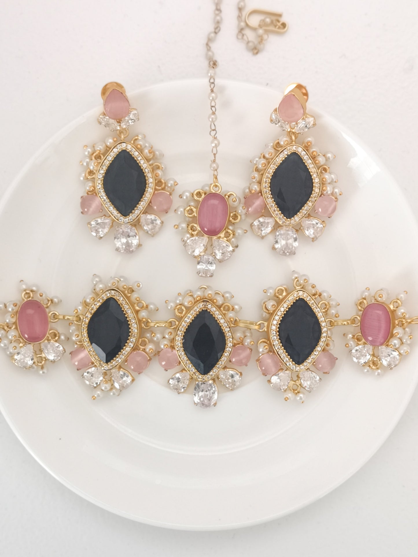 Classic Mimi Freshwater Pearl Collection - Mona Lisa Crystals, Zircon, Gold Plated - Pink & Navy