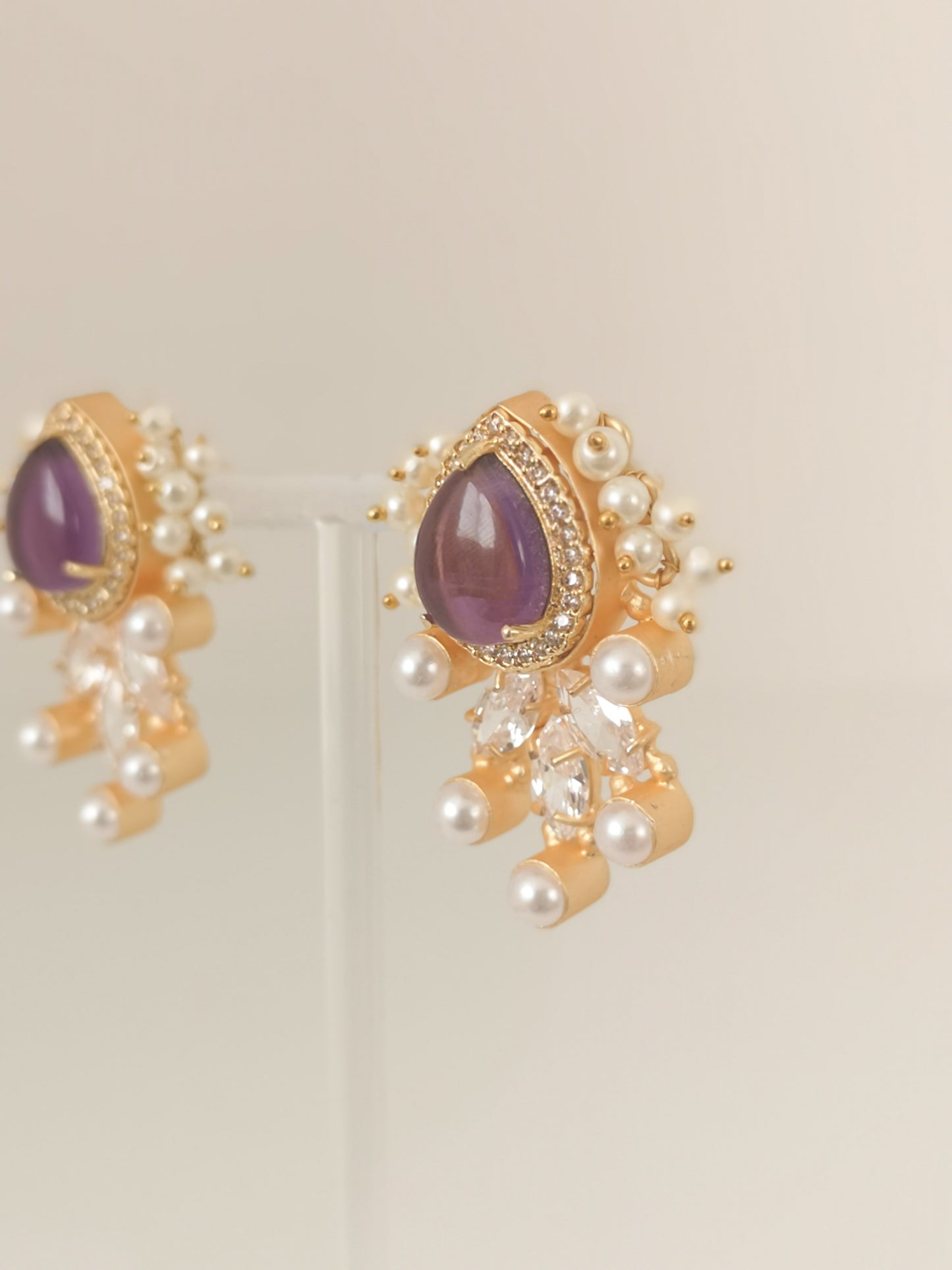 Classic Mimi Freshwater Pearl Collection - Amethyst Crystal, Zircon, Gold Plated - Purple Earrings