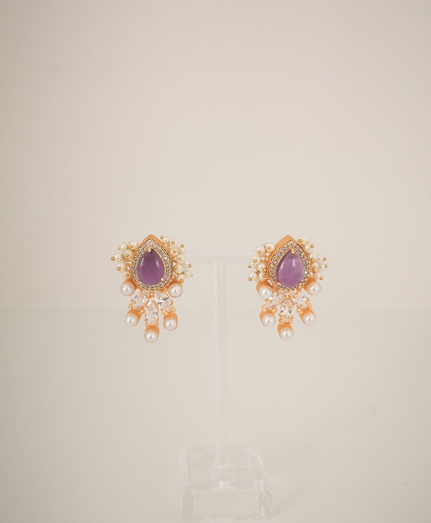 Classic Mimi Freshwater Pearl Collection - Amethyst Crystal, Zircon, Gold Plated - Purple Earrings