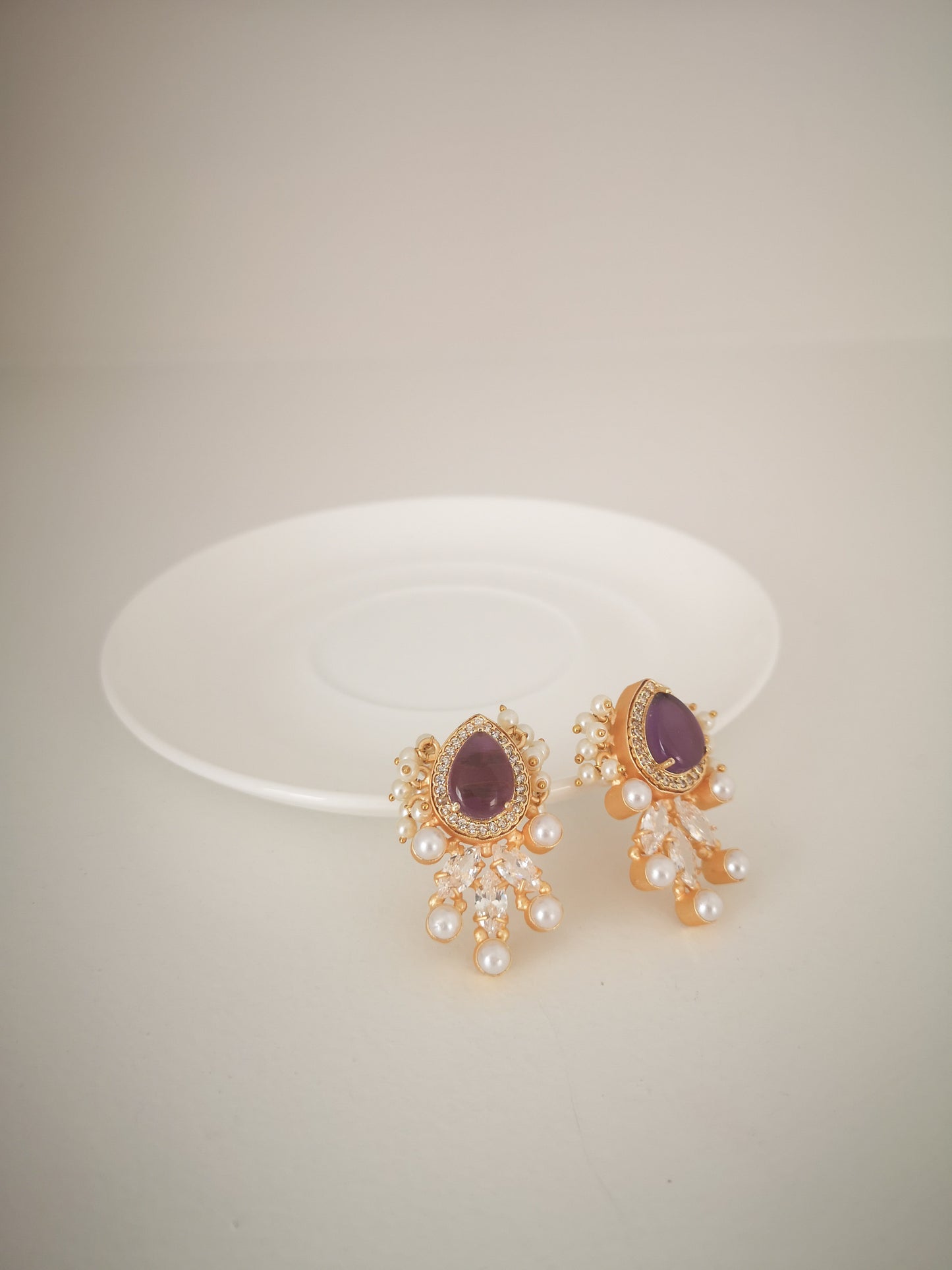 Classic Mimi Freshwater Pearl Collection - Amethyst Crystal, Zircon, Gold Plated - Purple Earrings