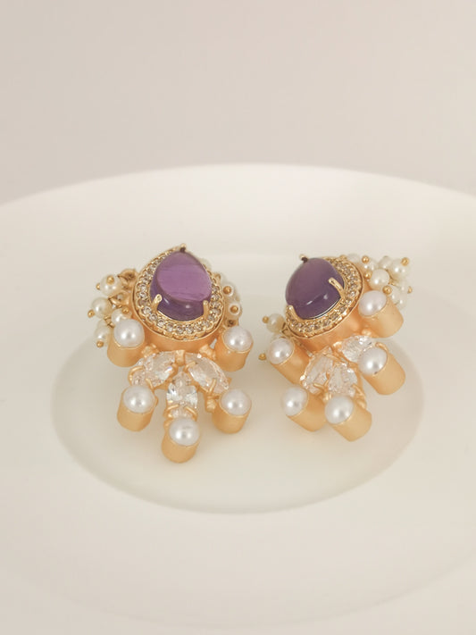 Classic Mimi Freshwater Pearl Collection - Amethyst Crystal, Zircon, Gold Plated - Purple Earrings