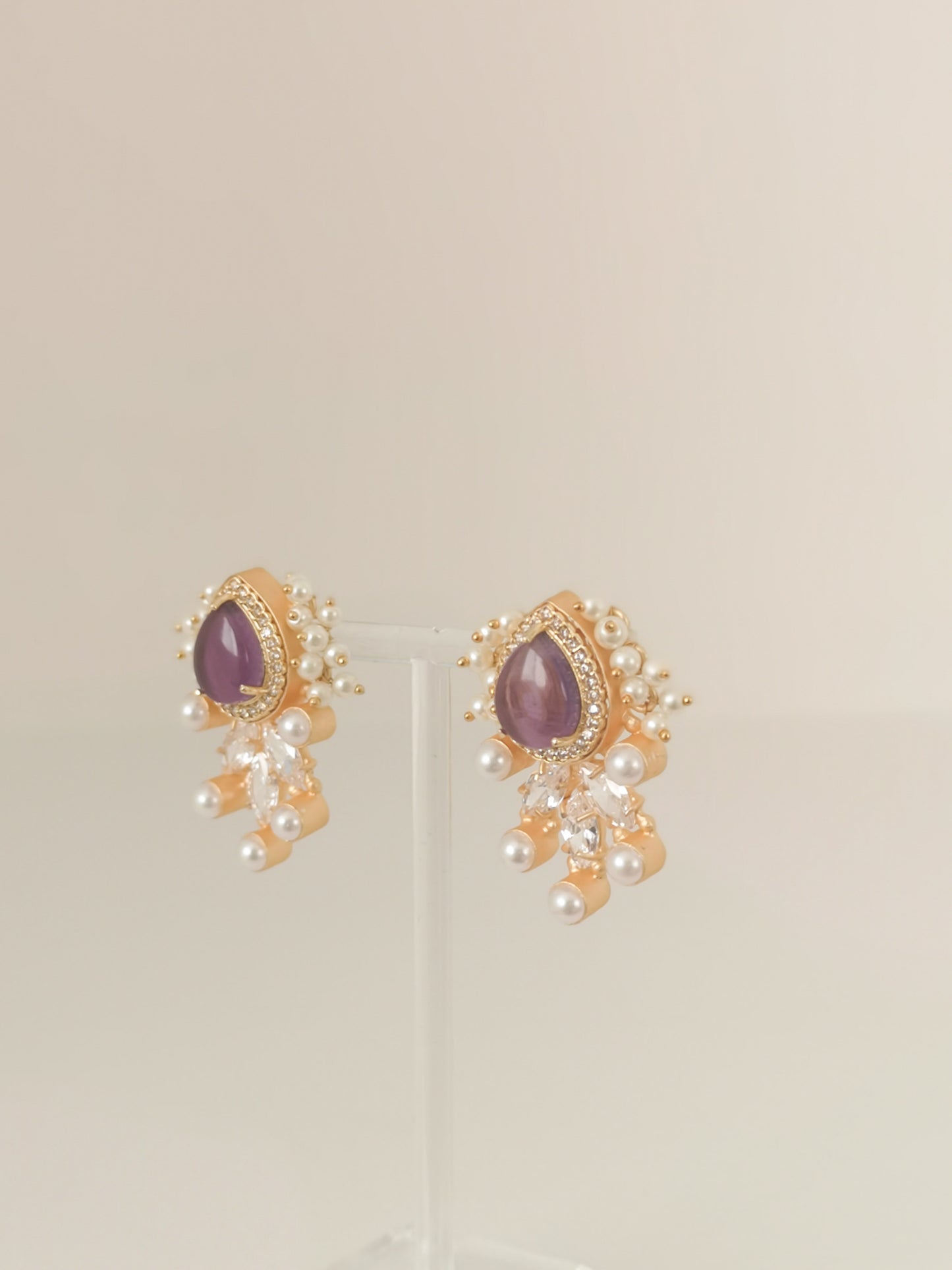Classic Mimi Freshwater Pearl Collection - Amethyst Crystal, Zircon, Gold Plated - Purple Earrings