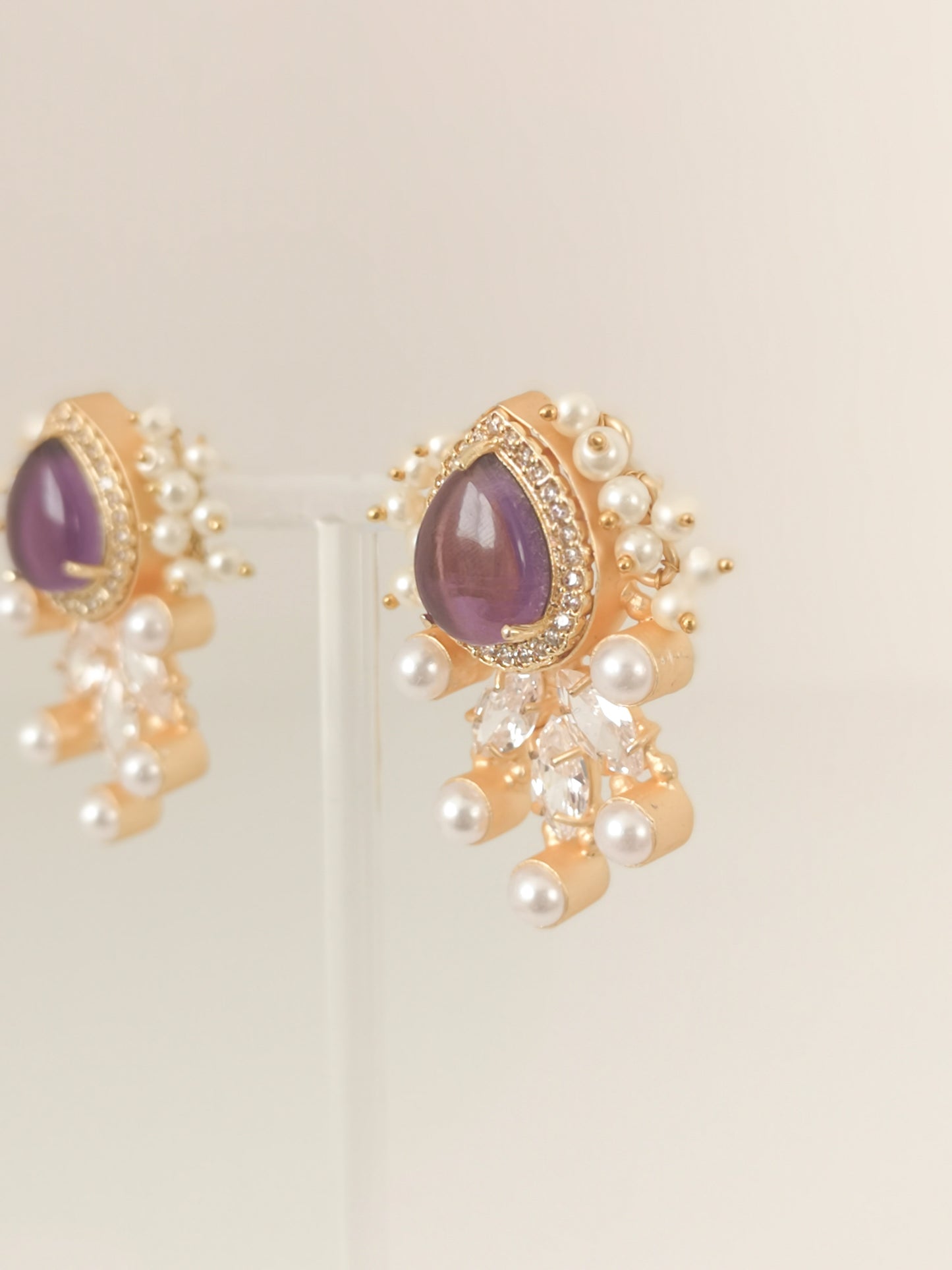 Classic Mimi Freshwater Pearl Collection - Amethyst Crystal, Zircon, Gold Plated - Purple Earrings