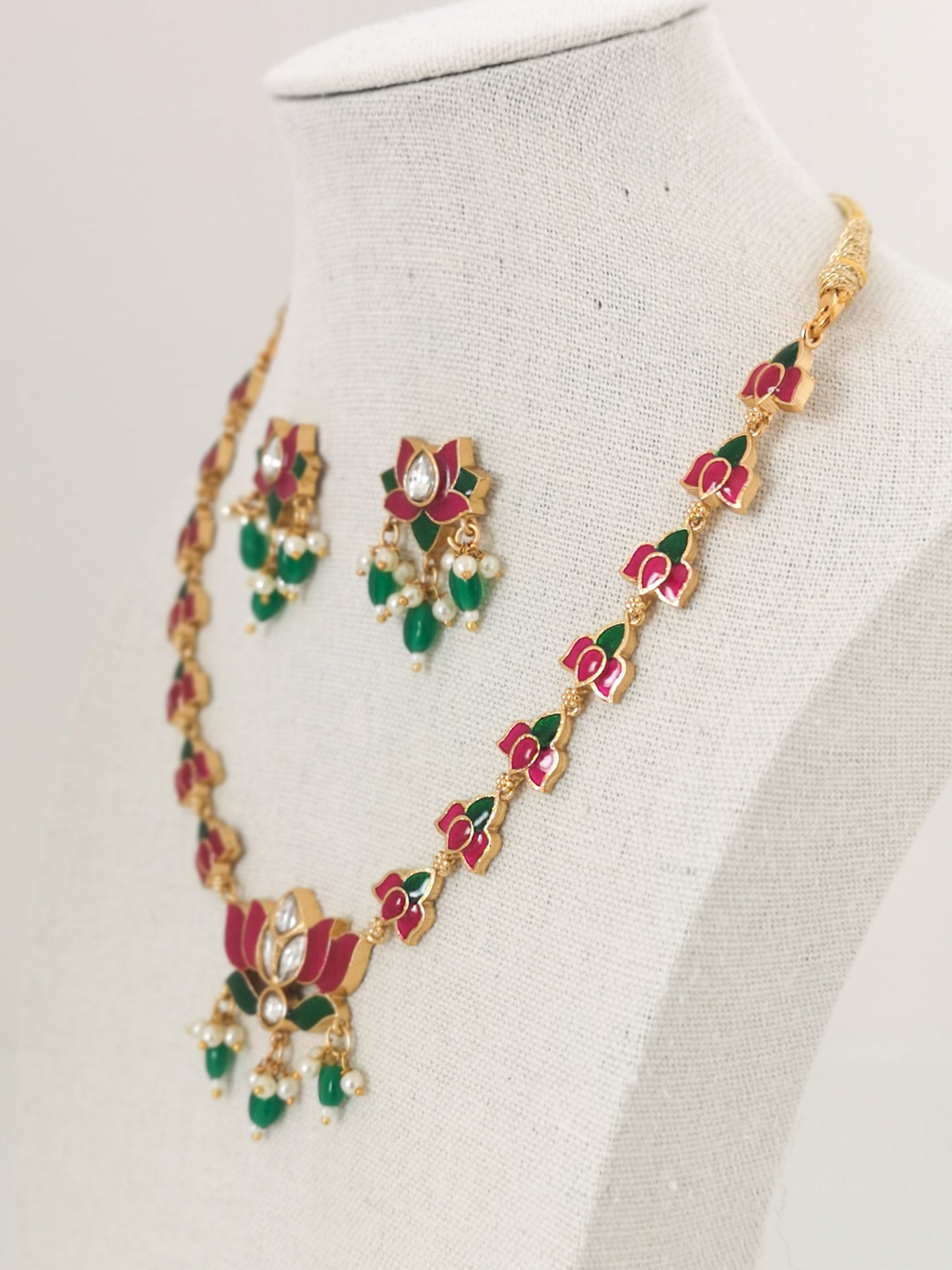 Lotus Choker Set - 2.0 (Necklace and Earrings) - Magenta and Green