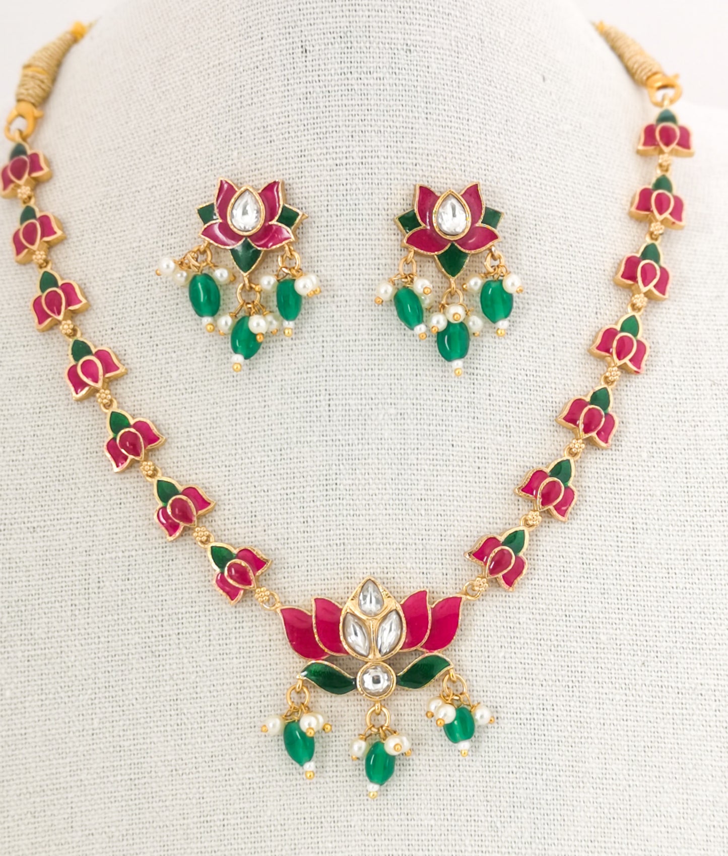Lotus Choker Set - 2.0 (Necklace and Earrings) - Magenta and Green