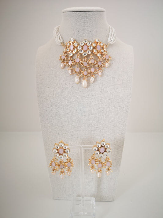 Pachi Kundan Set - Pink and Pearl
