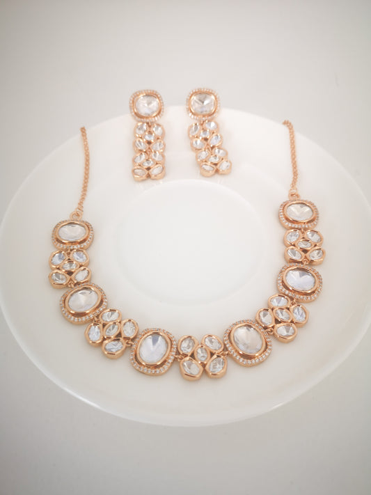Polki and Kundan Necklace and Earrings in Rose Gold