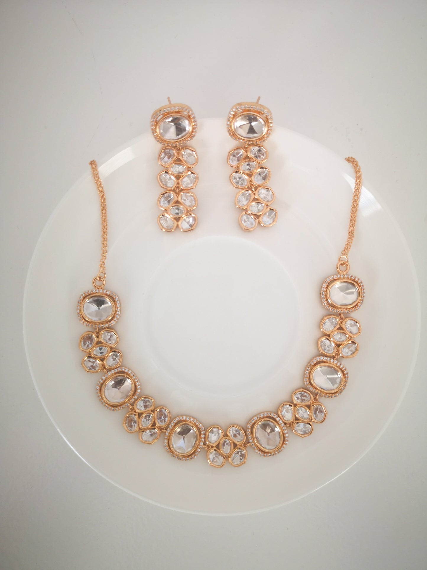 Polki and Kundan Necklace and Earrings in Rose Gold