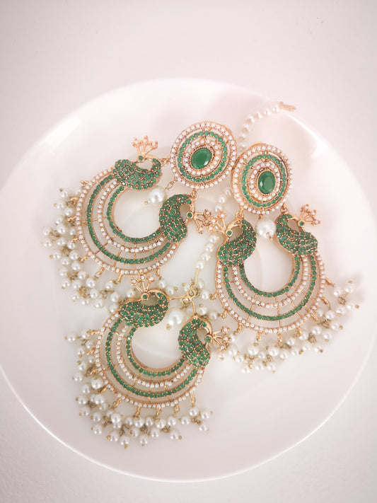 Chaand Baali and Teeka Set - Dark Green