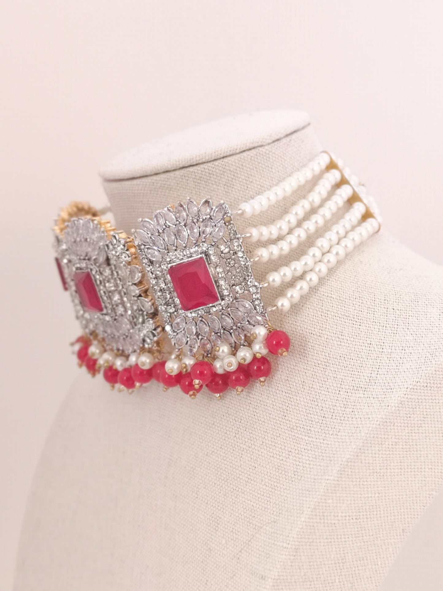 Choker Set in Pearls and Rhinestones - Red
