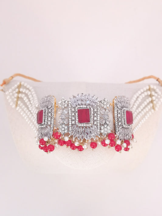 Choker Set in Pearls and Rhinestones - Red
