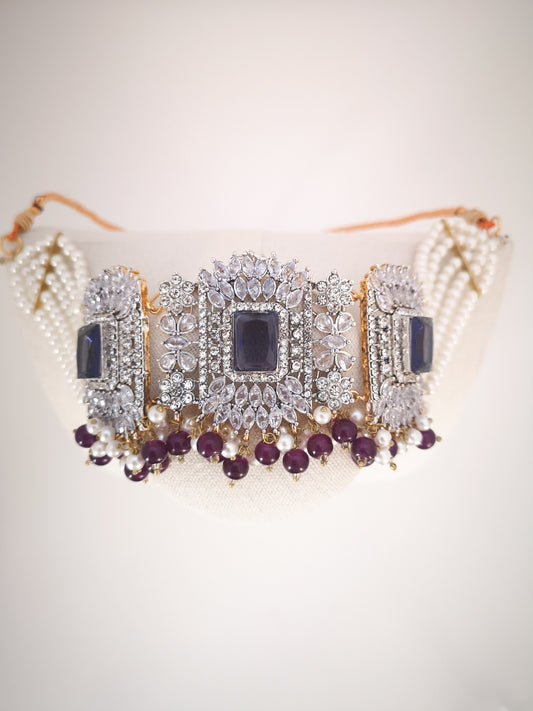 Choker Set in Pearls and Rhinestones - Purple 🟣