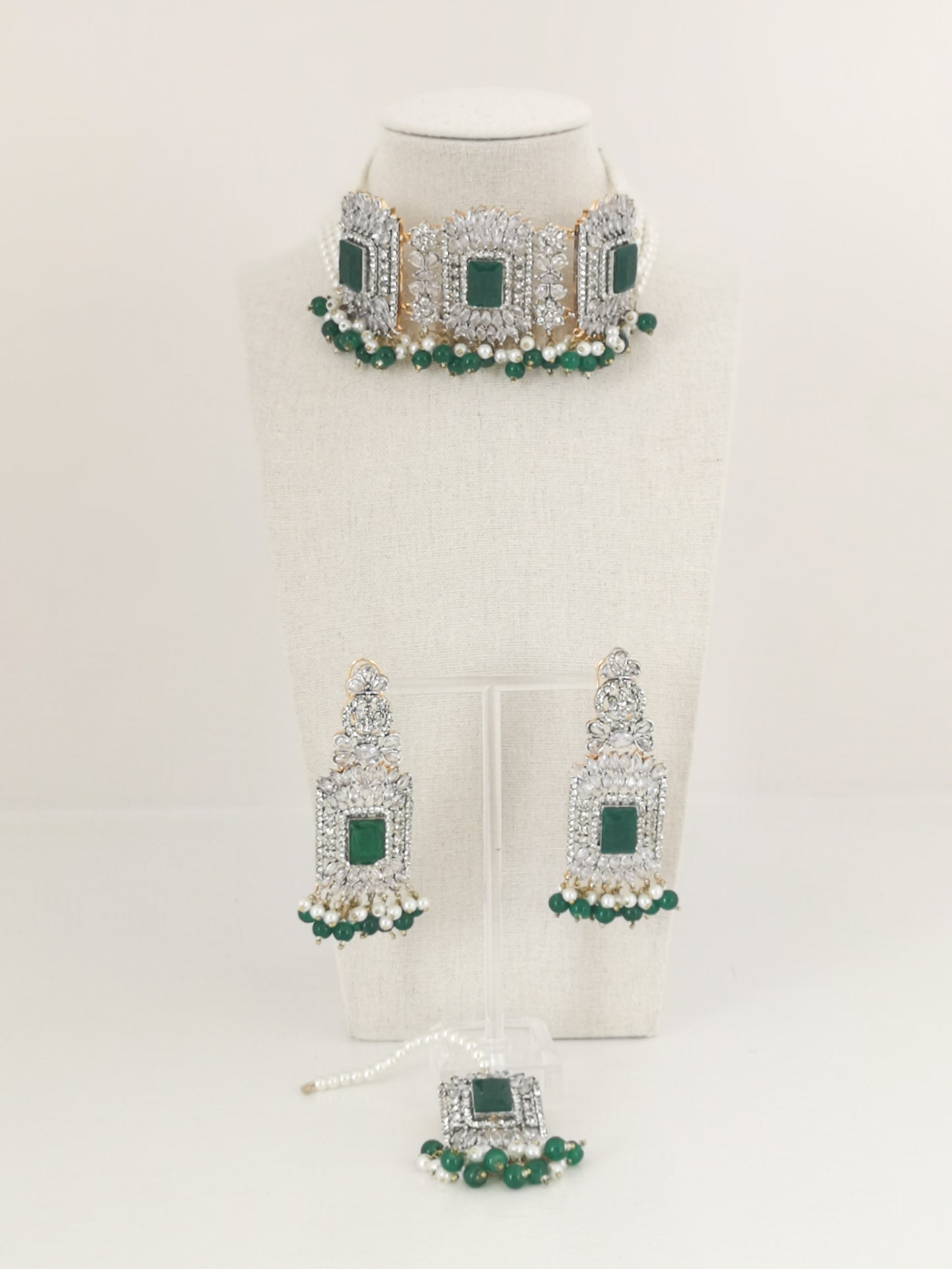 Choker Set in Pearls and Rhinestones - Dark Green