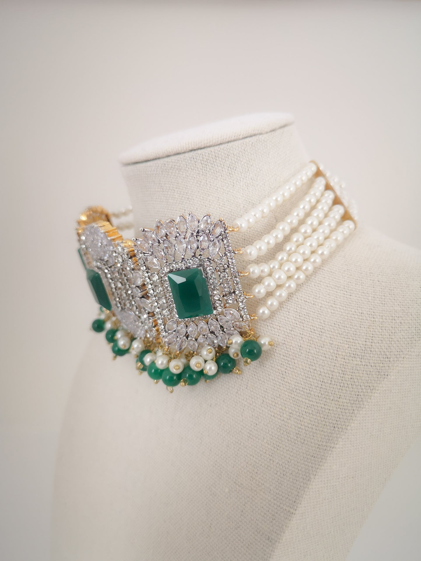 Choker Set in Pearls and Rhinestones - Dark Green