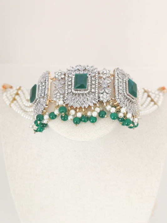 Choker Set in Pearls and Rhinestones - Dark Green