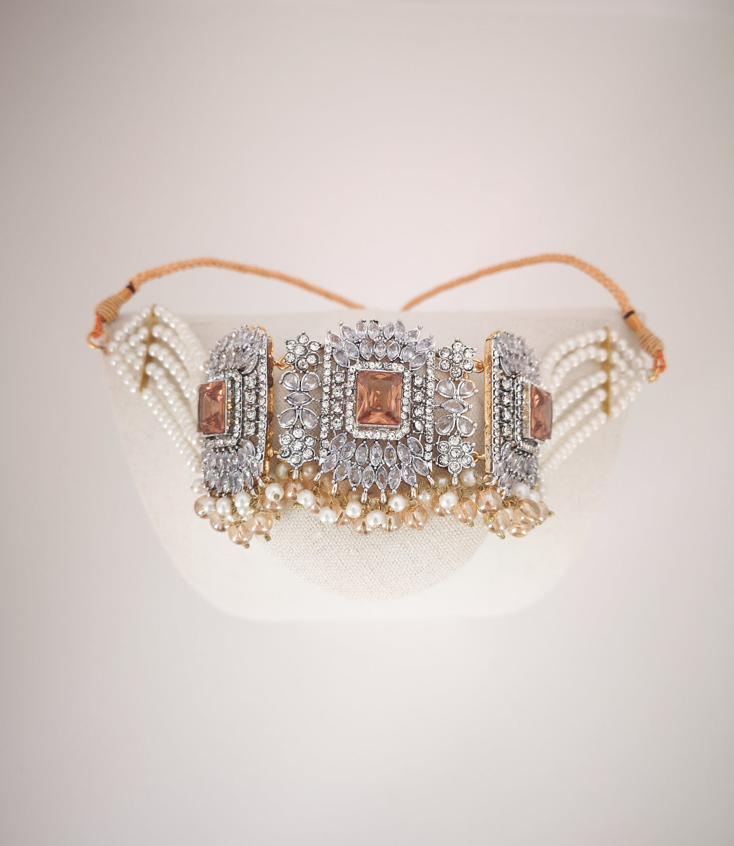 Choker Set in Pearls and Rhinestones - Champagne/Bronze