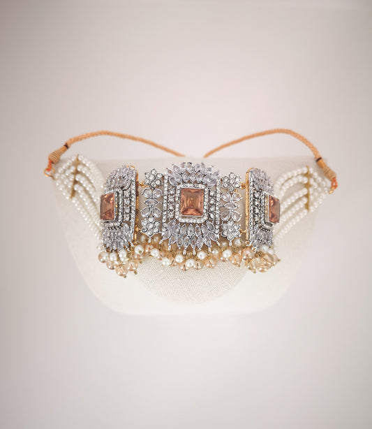 Choker Set in Pearls and Rhinestones - Champagne/Bronze