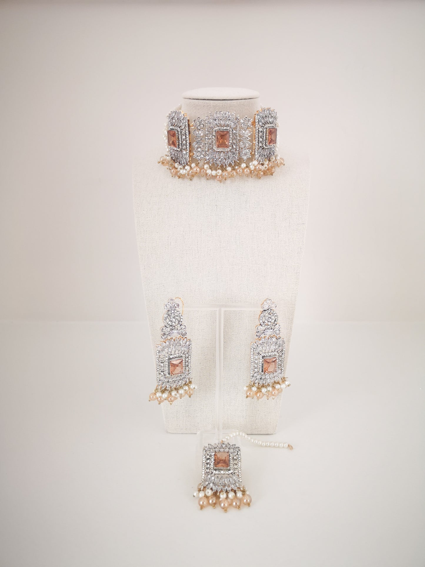 Choker Set in Pearls and Rhinestones - Champagne/Bronze