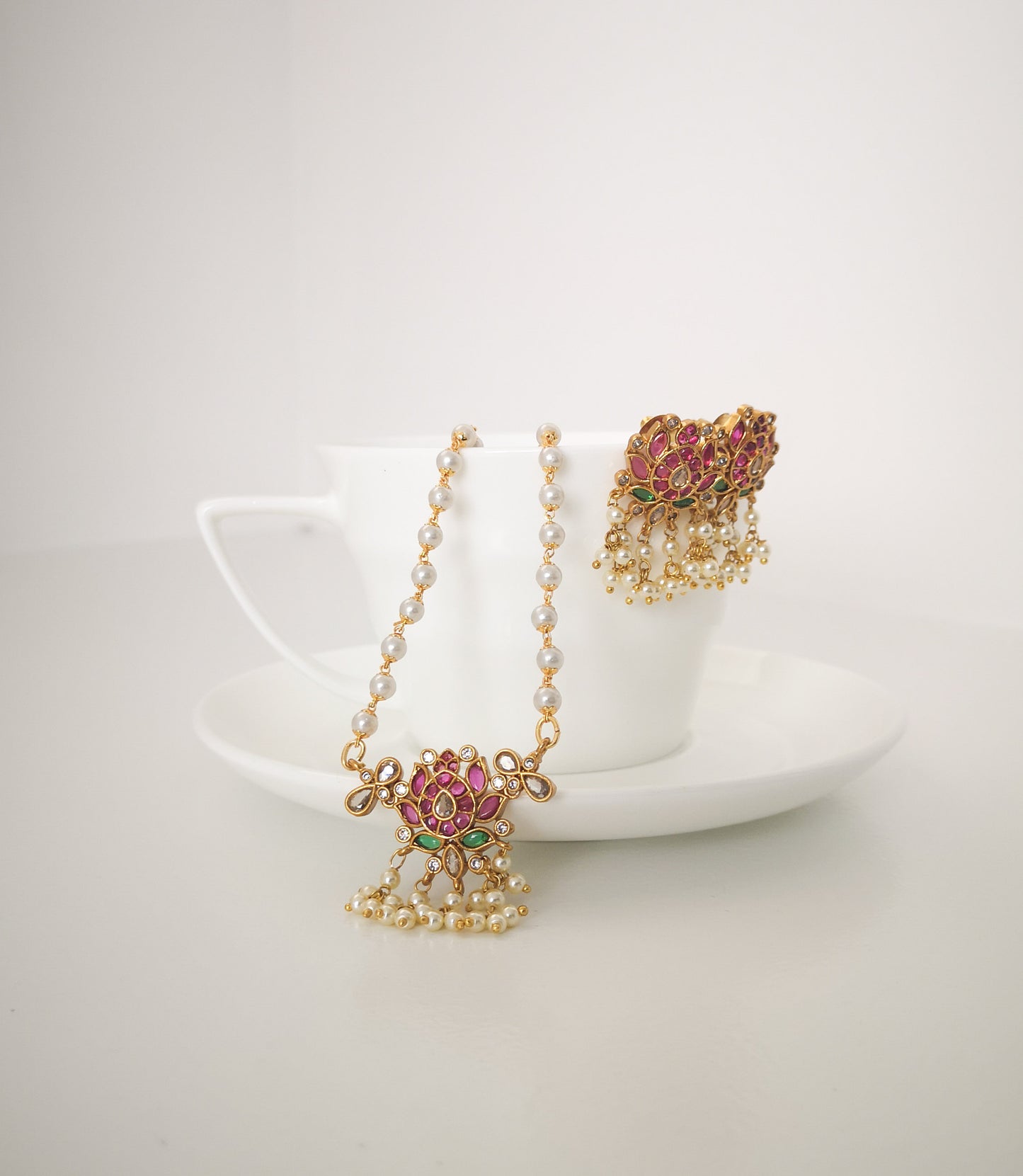 Lotus Set 3.0 - Long Chain Necklace with Earrings - Magenta and Dark Green