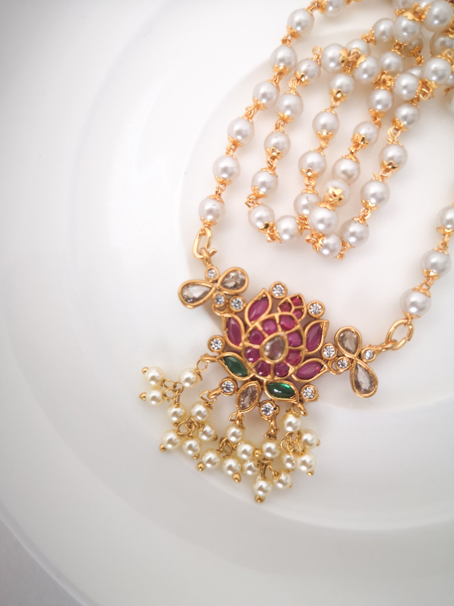 Lotus Set 3.0 - Long Chain Necklace with Earrings - Magenta and Dark Green