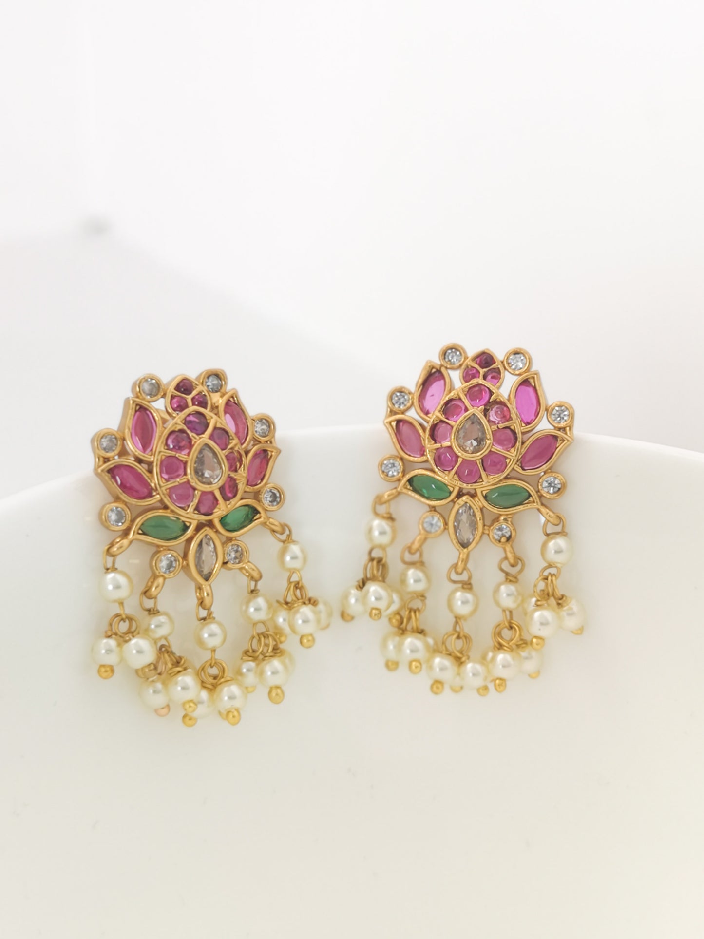 Lotus Set 3.0 - Long Chain Necklace with Earrings - Magenta and Dark Green