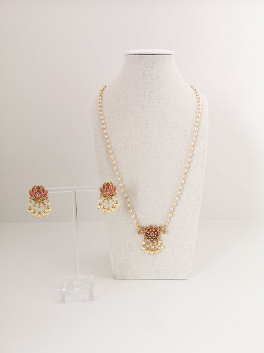 Lotus Set 3.0 - Long Chain Necklace with Earrings - Magenta and Dark Green