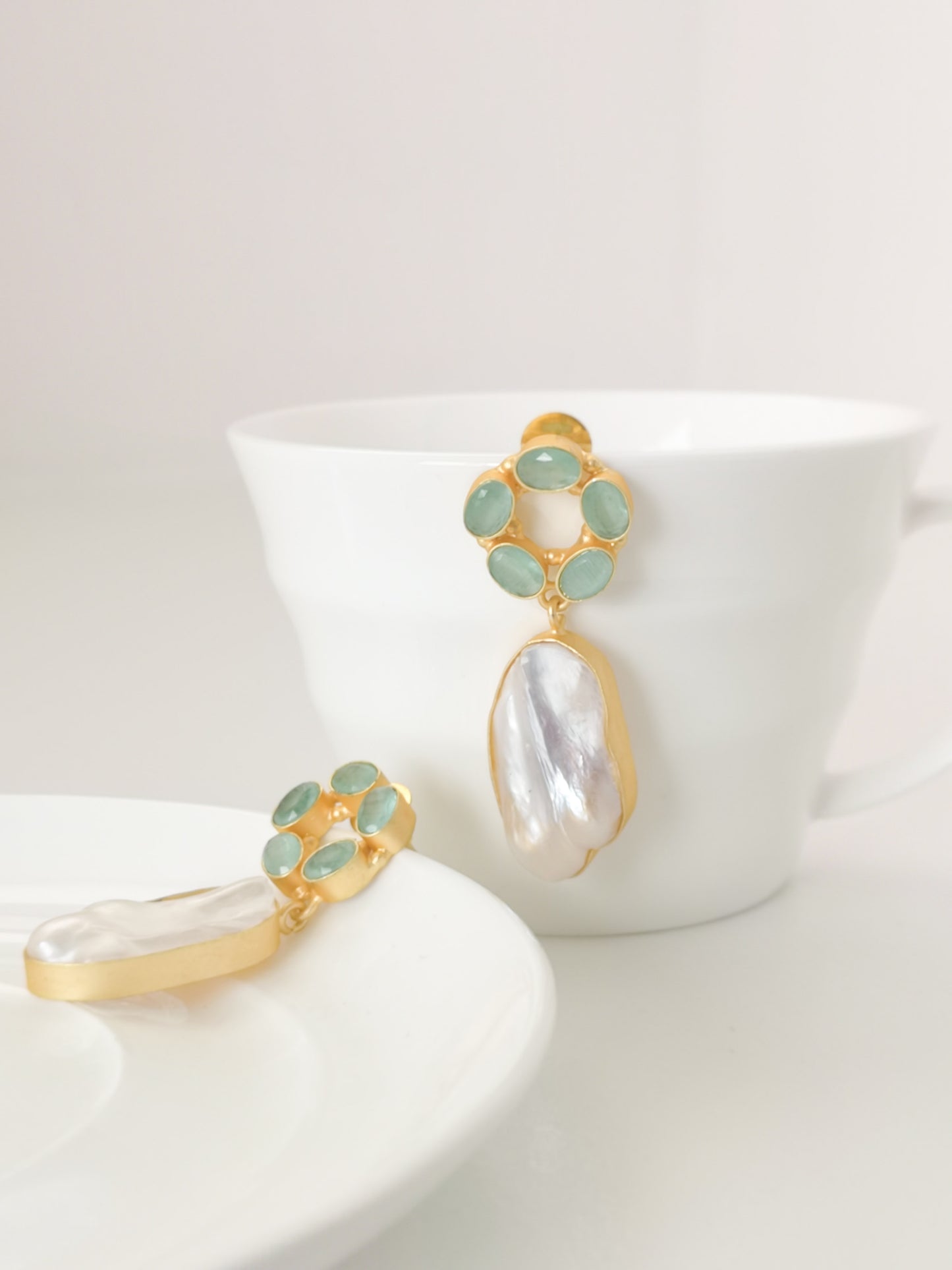Classic Mimi Freshwater Pearl Earrings, Gold Plated - Sage Green